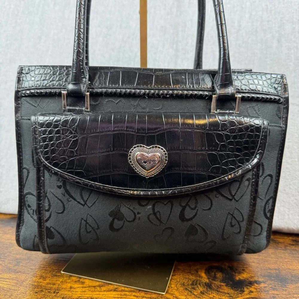Love Shoulder Bag Womens Black Heart Print Faux Croc Y2K Purse Handbag